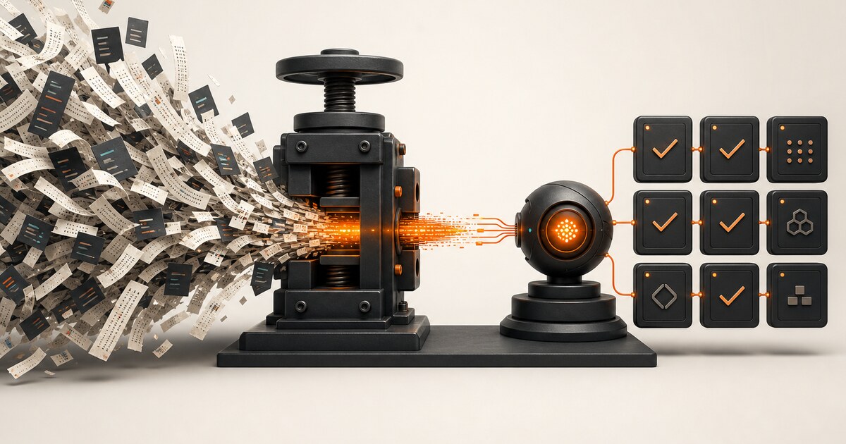 A dense stream of instructions being compressed into a compact signal that powers an agent completing a grid of tasks