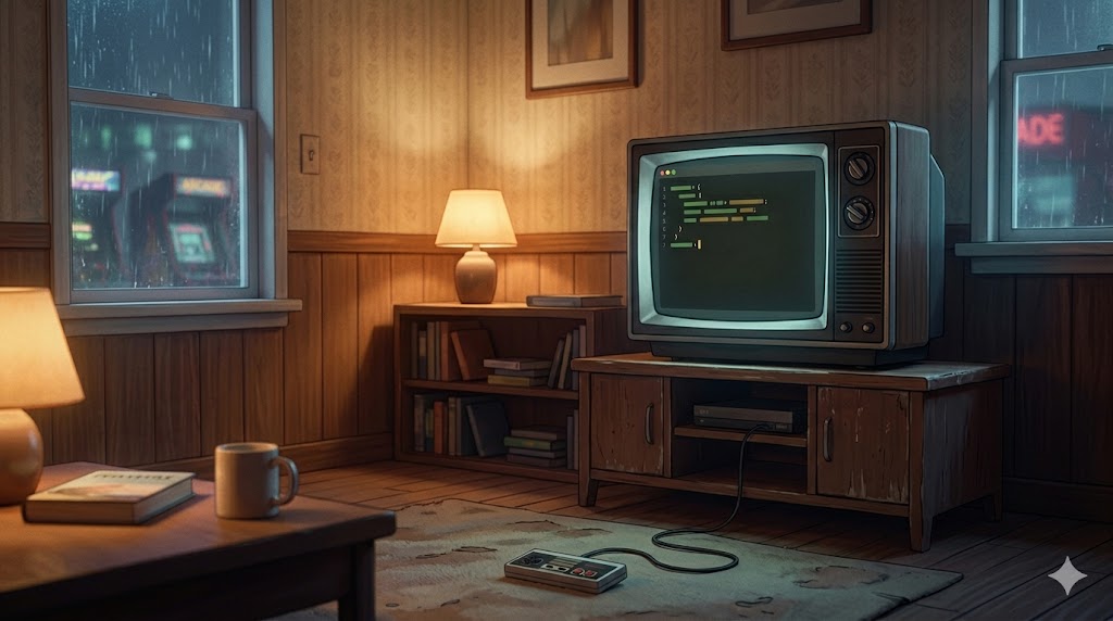 A cozy late-1980s living room at dusk: a chunky retro CRT television on a wooden stand shows a dark-themed developer terminal with lines of green monospace code; a retro game controller rests on a worn rug in the foreground; a ceramic mug and a paperback book sit on a low side table next to a softly glowing lamp; through the rain-streaked window behind, faint neon arcade signage glows in the distance